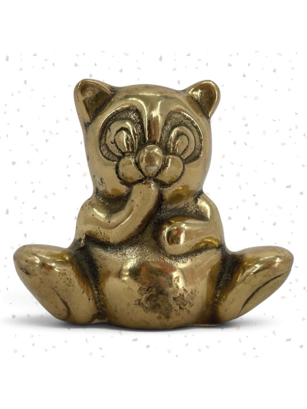 Vintage Brass Bear Happy Panda Paw Mouth Eating Figurine Reflective Shiny Gold